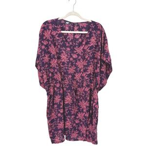 Lands End Floral Swim Cover-Up Dress Purple Pink V-Neck Modal M-L